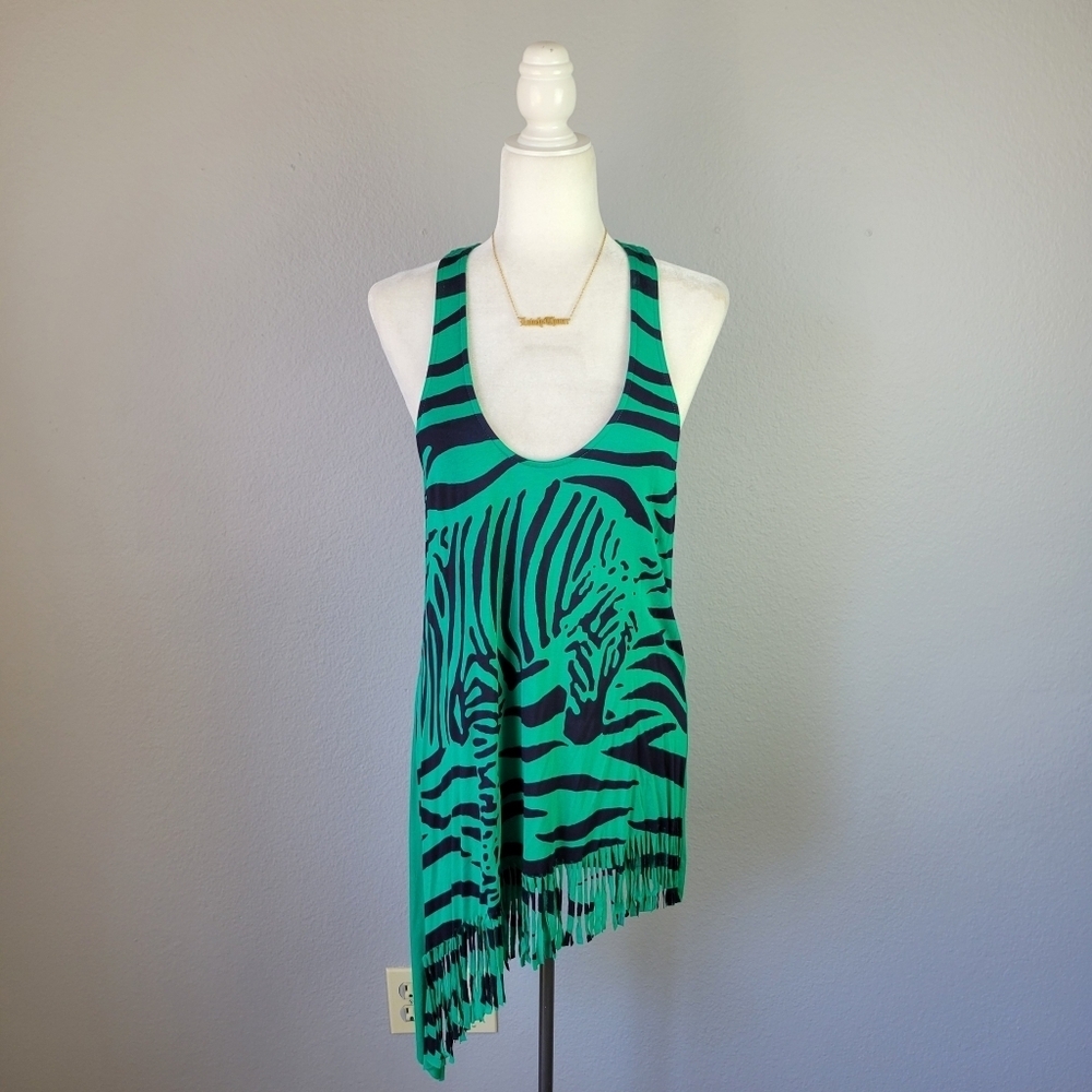 T-BAGS // asymmetric finge zebra print exposed back zipper plunge tank dress